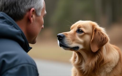 Chien adulte se concentrant sur son maître lors d'un exercice