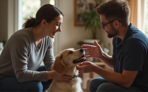 Coach particulier avec chien et propriétaire chez eux