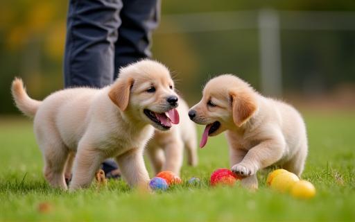 Chiots jouant sous supervision d'un éducateur professionnel